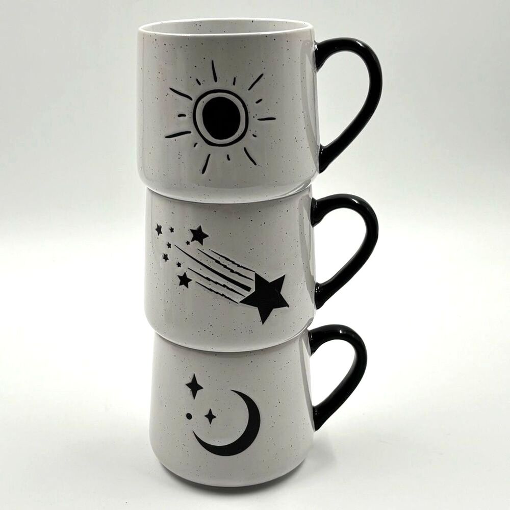 NWT Mainstays 3pc Celestial Stackable Mug Set Sun Moon Stars 14.5oz New